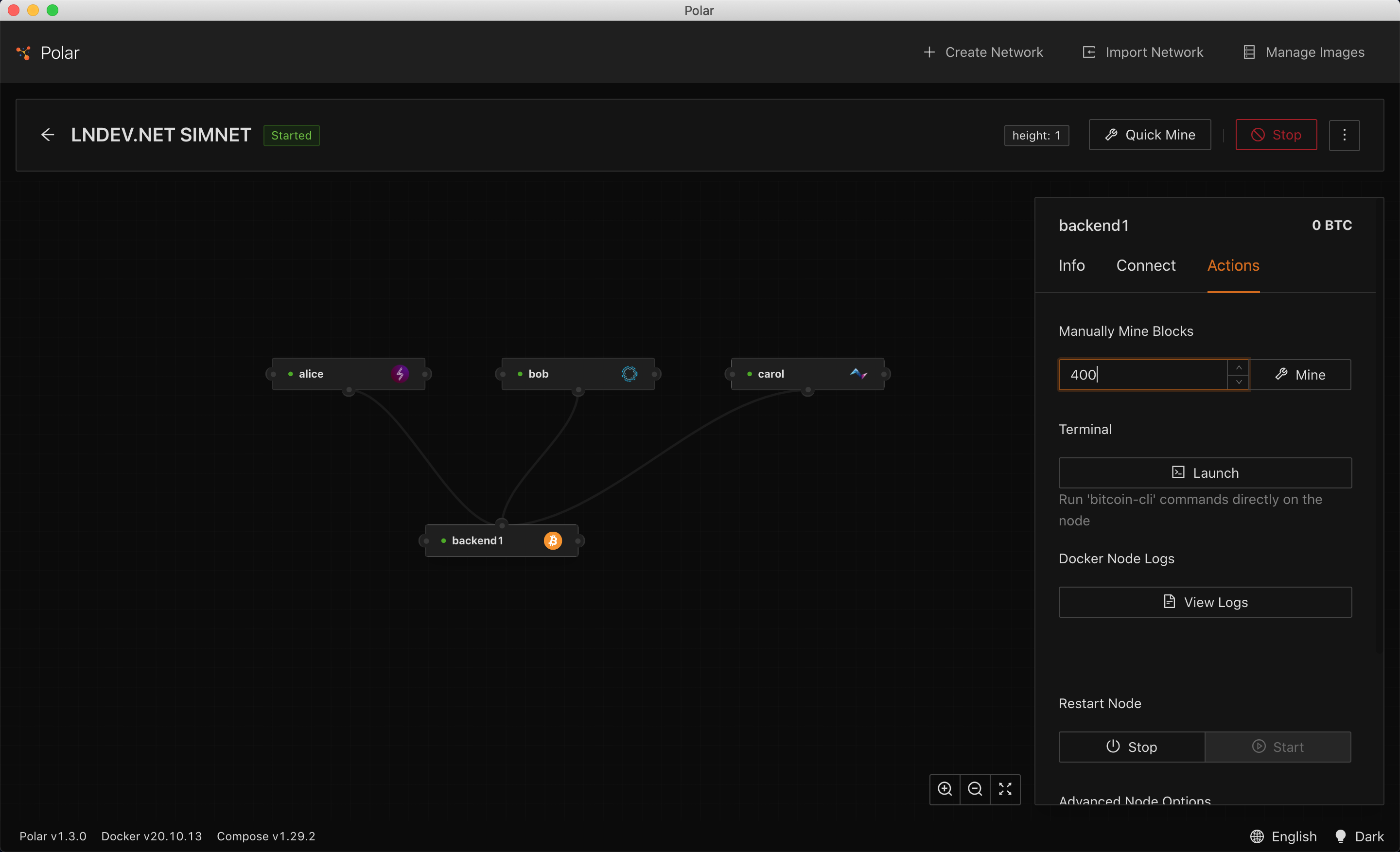 Manually mining 400 blocks on the bitcoin code node on Polar